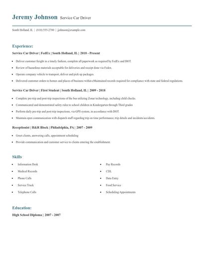 Service Car Driver Resume