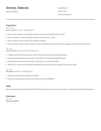 Service Car Driver Resume