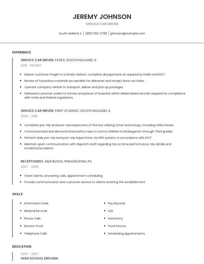 Service Car Driver Resume