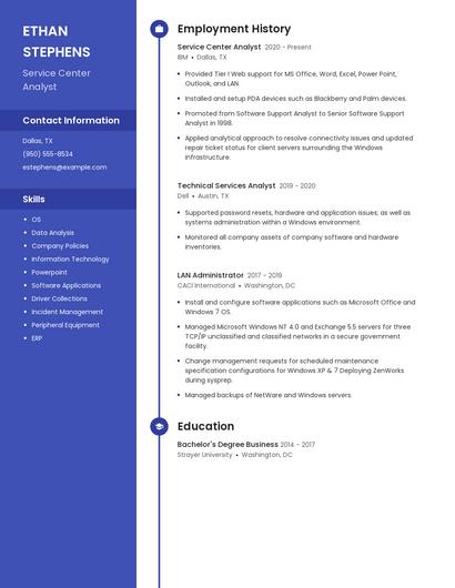 Service Center Analyst Resume