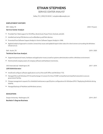 Service Center Analyst Resume