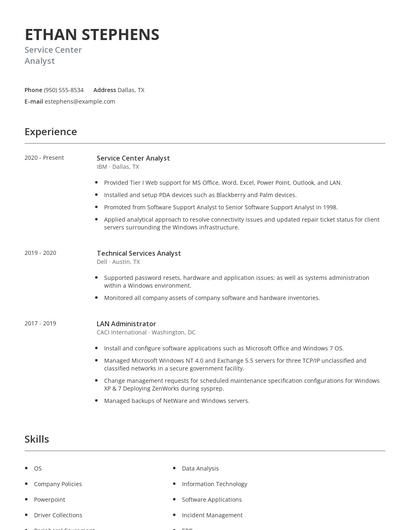 Service Center Analyst Resume
