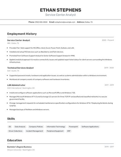 Service Center Analyst Resume