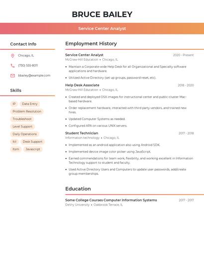 Service Center Analyst Resume