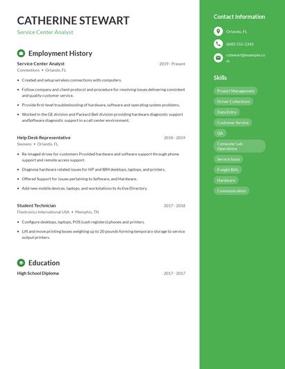 Service Center Analyst Resume