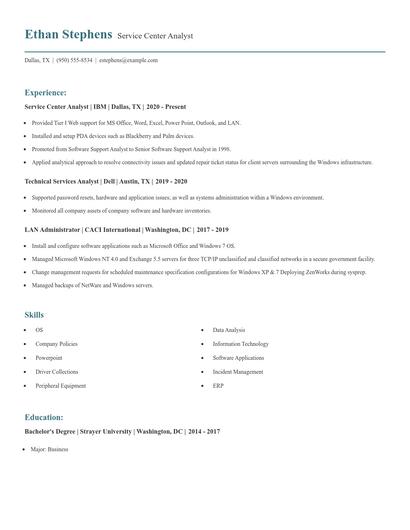 Service Center Analyst Resume