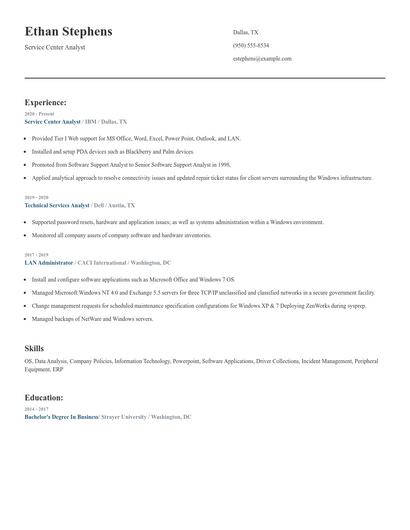Service Center Analyst Resume