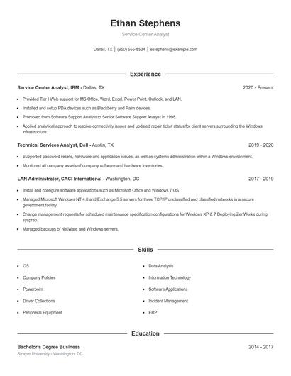 Service Center Analyst Resume