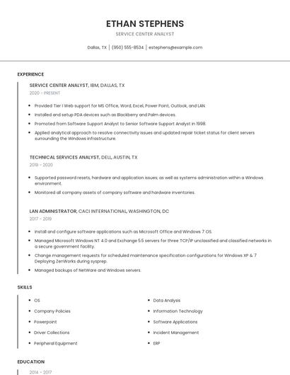 Service Center Analyst Resume
