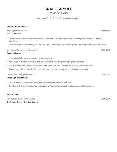 Service Cleaner Resume