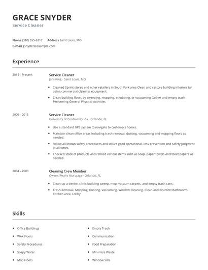 Service Cleaner Resume