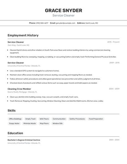Service Cleaner Resume