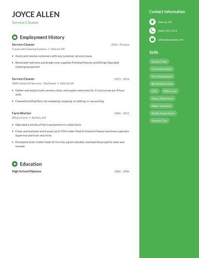 Service Cleaner Resume