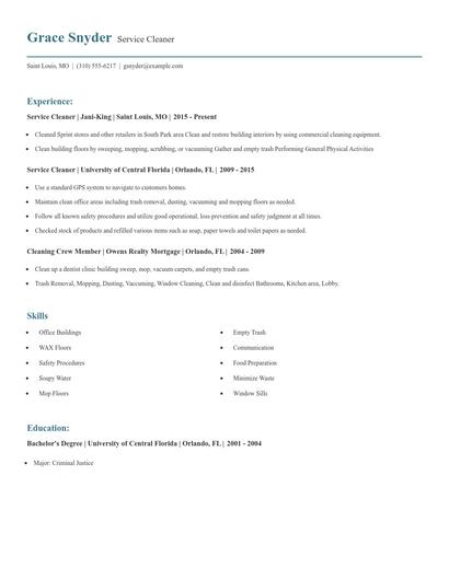 Service Cleaner Resume