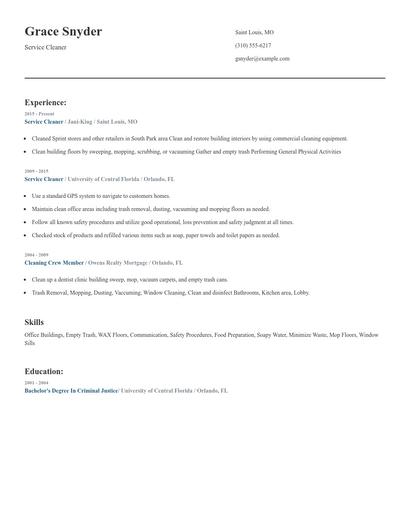 Service Cleaner Resume