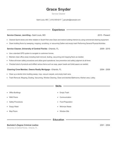 Service Cleaner Resume
