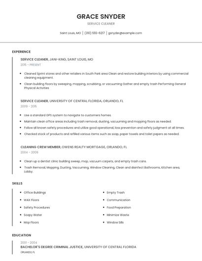 Service Cleaner Resume
