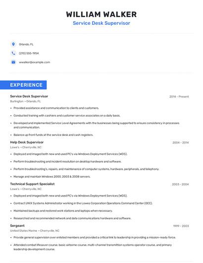 Service Desk Supervisor Resume