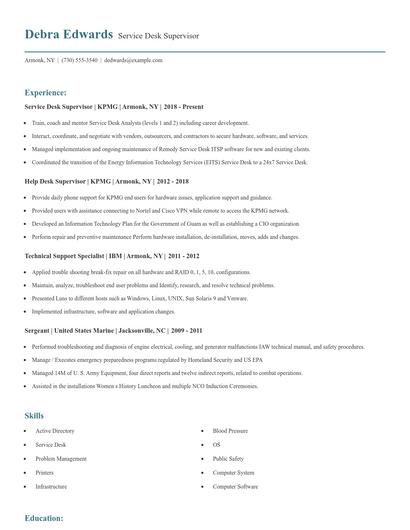 Service Desk Supervisor Resume