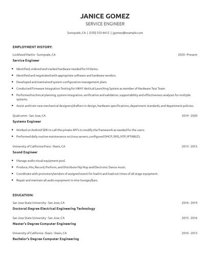 Service Engineer Resume