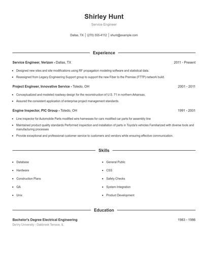 Service Engineer Resume