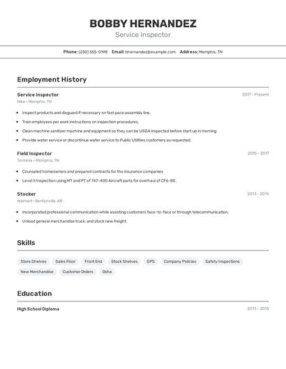 Service Inspector Resume