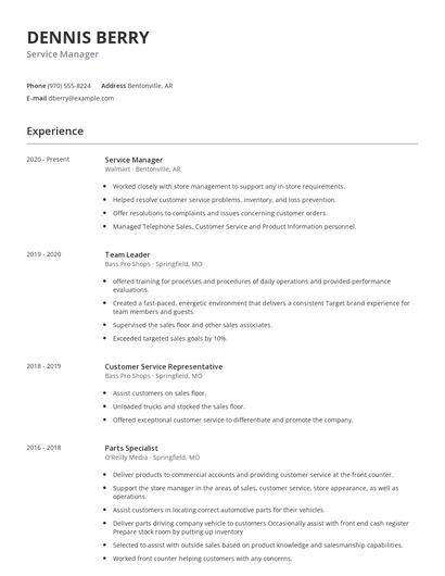 Service Manager Resume