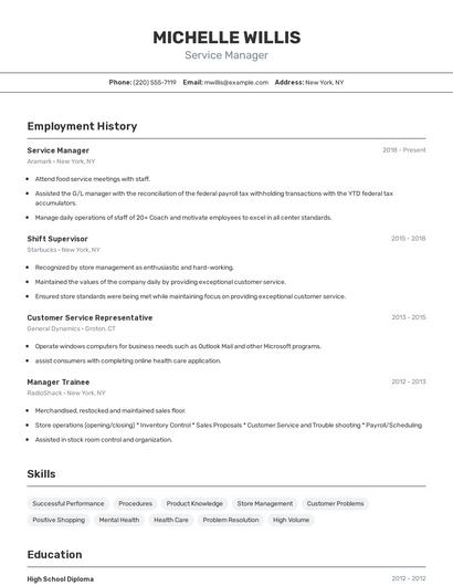 Service Manager Resume