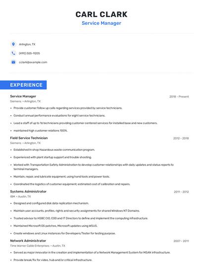 Service Manager Resume