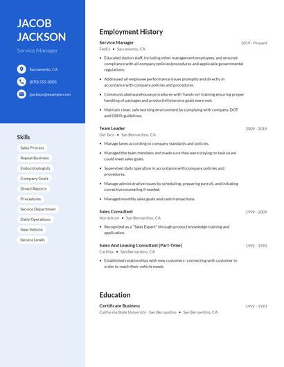 Service Manager Resume