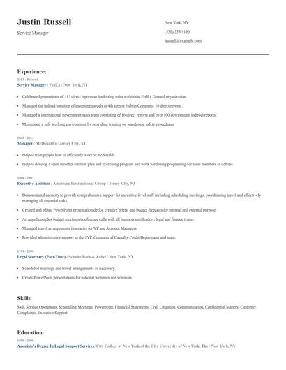 Service Manager Resume