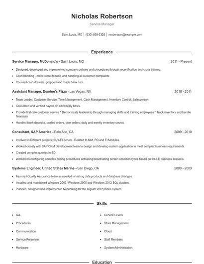 Service Manager Resume
