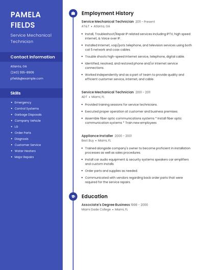 Service Mechanical Technician Resume