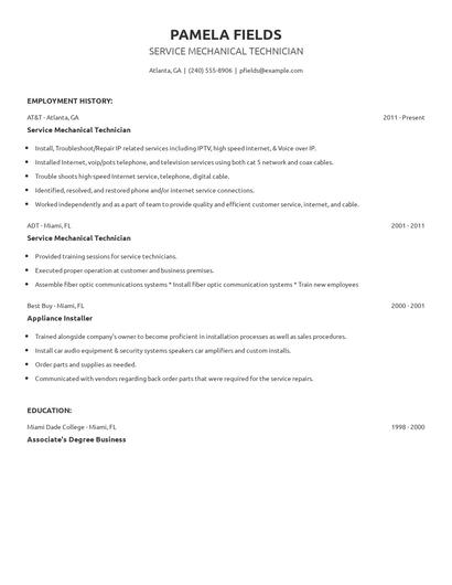 Service Mechanical Technician Resume