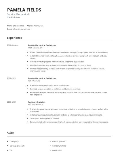Service Mechanical Technician Resume