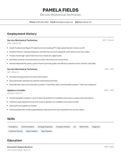Service Mechanical Technician Resume
