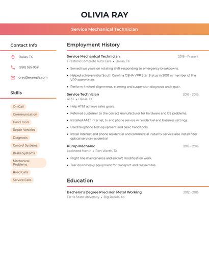 Service Mechanical Technician Resume