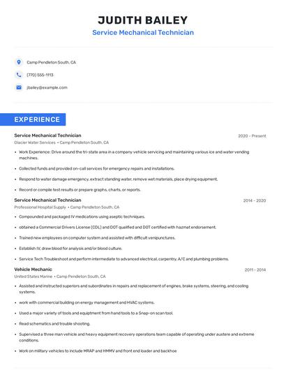 Service Mechanical Technician Resume