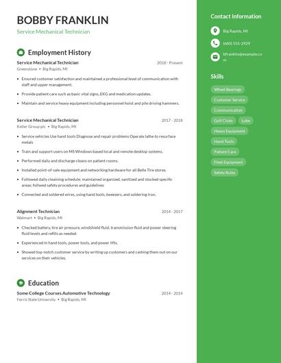 Service Mechanical Technician Resume