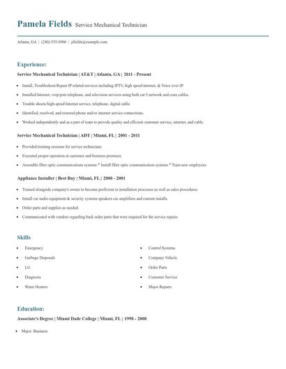 Service Mechanical Technician Resume