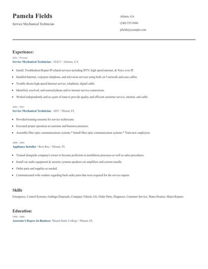 Service Mechanical Technician Resume