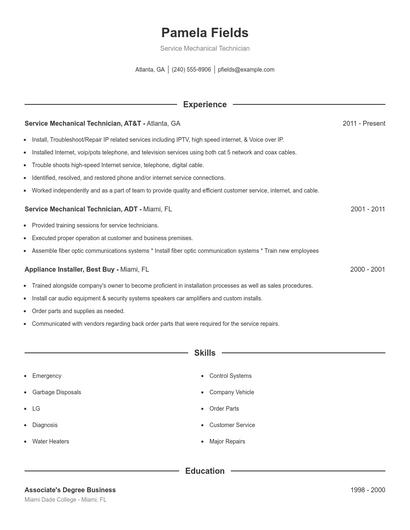 Service Mechanical Technician Resume
