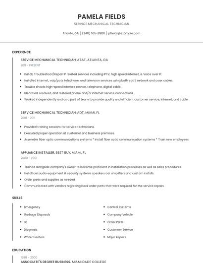 Service Mechanical Technician Resume