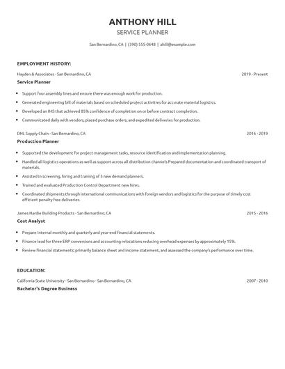 Service Planner Resume