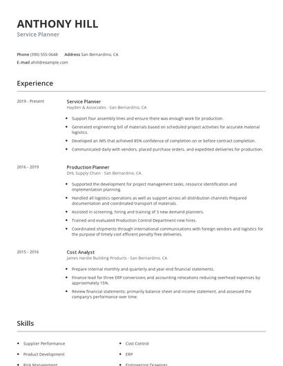 Service Planner Resume