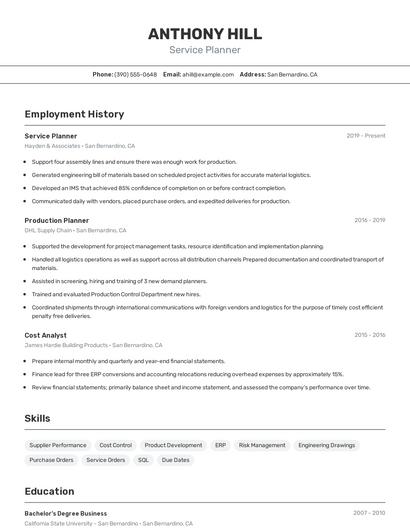 Service Planner Resume