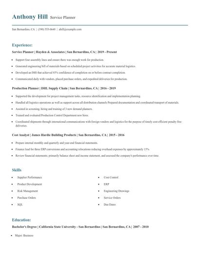 Service Planner Resume