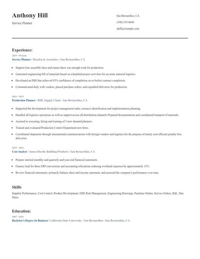 Service Planner Resume
