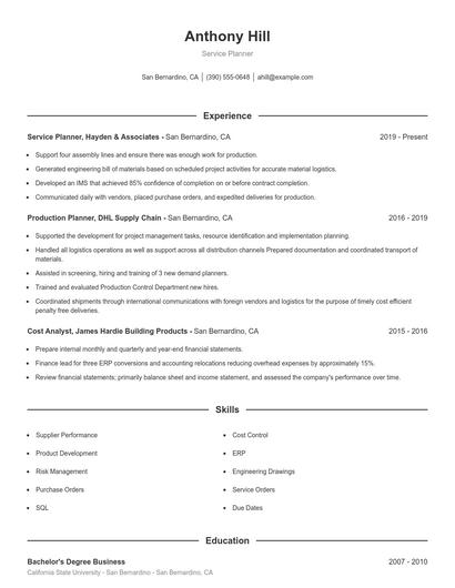Service Planner Resume