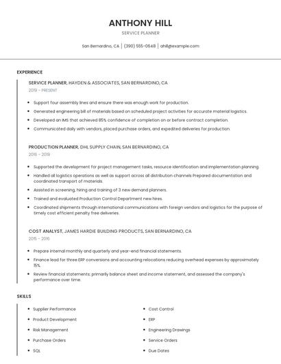 Service Planner Resume